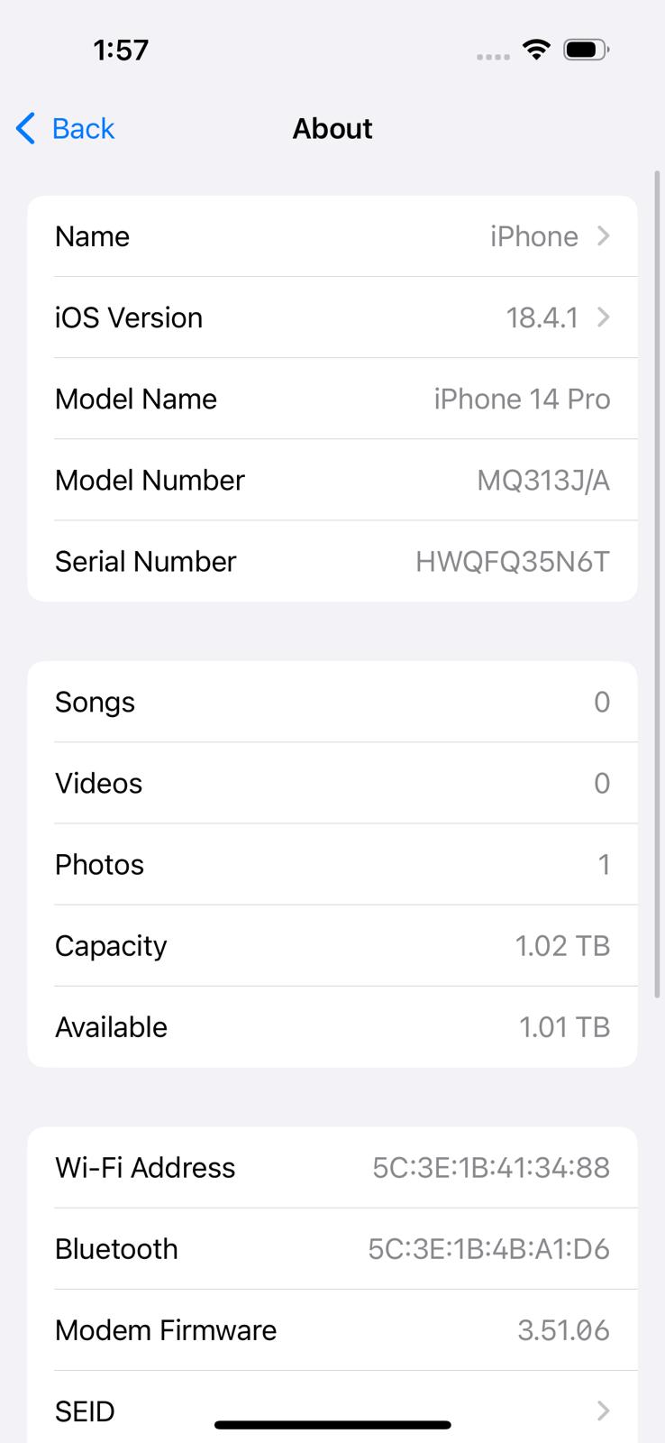 iPhone 14 Pro 1TB Purple Battery 85%