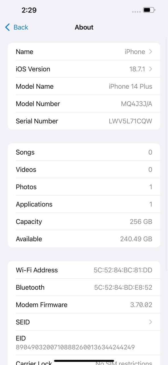 iPhone 14 Plus 256GB Black – Battery 89% Used Like New