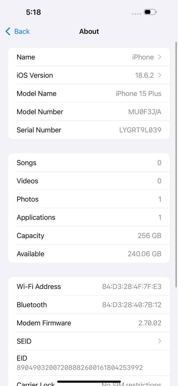 iPhone 15 Plus 256GB Black – Battery 88% Used Like New