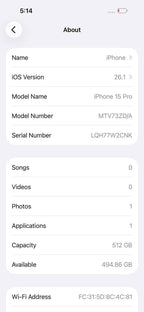 iPhone 15 Pro 512GB Black Titanium – Battery 87% Used Like New